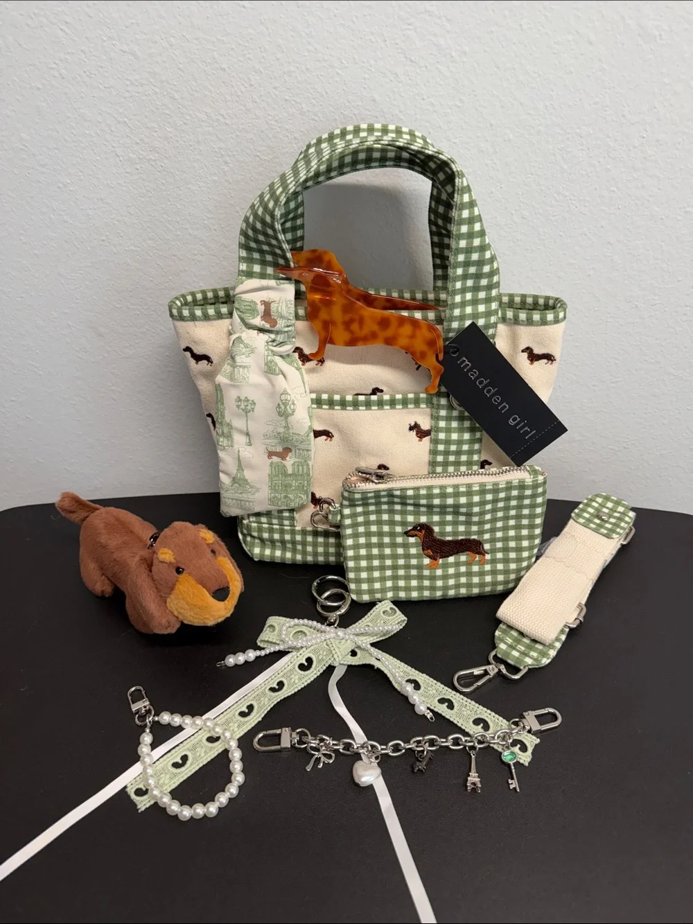 Madden Girl | Green Gingham Dachshund Canvas Tote | Wristlet, Bag Charms & More